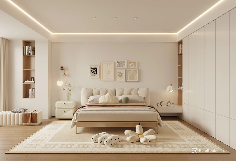 Modern Minimalist Bedroom Interior With Cozy Bed Wall Art Soft Rug And Storage Cabinets 3d model 