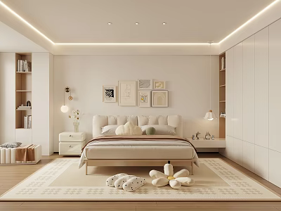 Modern Minimalist Bedroom Interior With Cozy Bed Wall Art Soft Rug And Storage Cabinets 3d model