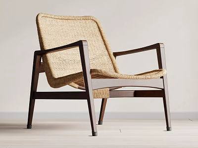Modern Woven Leisure Chair with Dark Wooden Frame and Comfortable Natural Minimalist Design 3d model