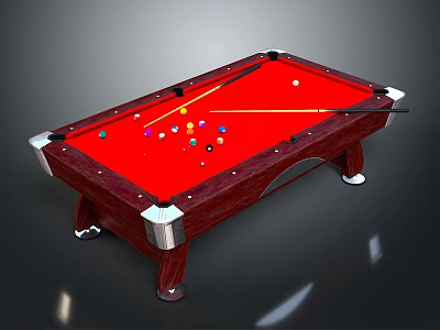 Classic Wooden Billiard Table With Red Felt Surface Colored Balls And Cue Stick 3d model