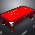 Classic Wooden Billiard Table With Red Felt Surface Colored Balls And Cue Stick