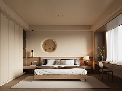 Beige Bedroom Interior With Wardrobe Round Decorative Art Pendant Light Bedside Table Lamp And Chair 3d model