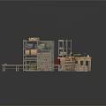 3D Storage Room Scene With Wooden Metal Shelves Cabinets Long Table Barrel Crates And Bags