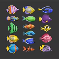 Colorful Fish with Various Colors and Shapes Arranged Creatively on Dark Background with Reflections
