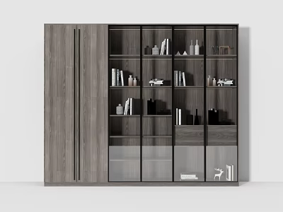 Modern Wooden Bookshelf With Glass Door Cabinets Books And Decorative Ornaments 3d model