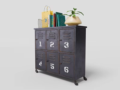Dark Locker Cabinet With Numbered Compartments Wheels And Top Shelf Shopping Bag Books Potted Plant 3d model