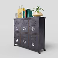 Dark Locker Cabinet With Numbered Compartments Wheels And Top Shelf Shopping Bag Books Potted Plant