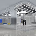 Modern Clothing Store Interior With Metallic Structure Blue Digital Screens Yellow Chairs And Display Table