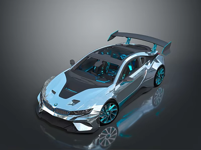 Silver Sports Car With Futuristic Design Black Roof Rear Spoiler And Blue Accent Lights 3d model
