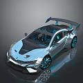 Silver Sports Car With Futuristic Design Black Roof Rear Spoiler And Blue Accent Lights