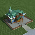 Colorful Wooden Detached Villa With Green Spire Porch And Lawn Pathway