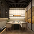 Modern Chinese Private Dining Room Interior With Wooden Table And Landscape Paintings