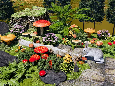 Vibrant Garden Flowers With Red Yellow Mushrooms Rabbit Ferns And Rocks 3d model