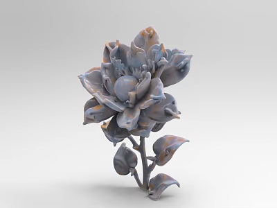 3D Modeled Plant Combination With Gray Blue Petals Orange Edges Leaves And Light Gray Background 3d model