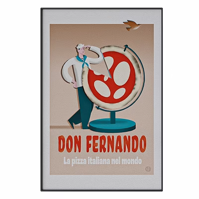 Portrait Painting of Chef in White Uniform Standing Beside Large Round Italian Pizza on Stand with Red Toppings 3d model