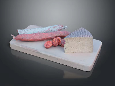 Wooden Cutting Board With Sausages Cheese And Meat Slices For Kitchen Use 3d model