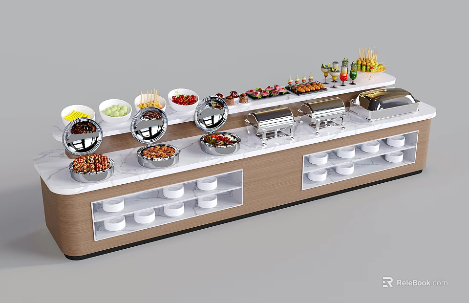 Elegant Buffet Bar With Marble Countertop Food Display Chafing Dishes And Plate Storage 3d model 