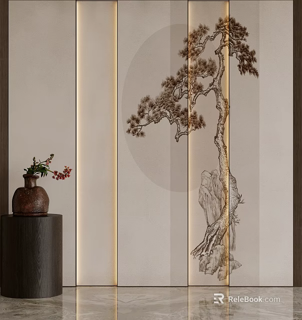 Traditional Chinese Screen Design with Pine Tree Pattern Beige Background LED Lighting and Decorative Vase 3d model