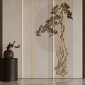 Traditional Chinese Screen Design with Pine Tree Pattern Beige Background LED Lighting and Decorative Vase 3d model