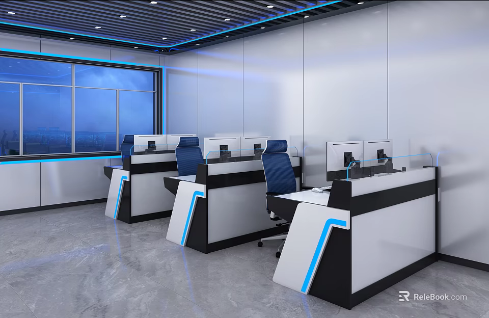 Modern Control Room Interior With Multiple Consoles Computers And Blue Chairs 3d model 