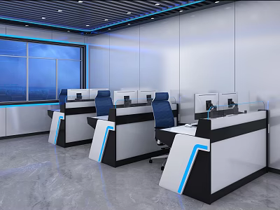Modern Control Room Interior With Multiple Consoles Computers And Blue Chairs 3d model