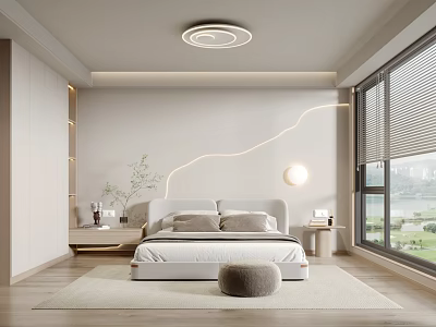 Modern Light Colored Bedroom Interior With Bed Headboard Nightstand Round Lamp And Large Window View 3d model