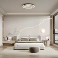 Modern Light Colored Bedroom Interior With Bed Headboard Nightstand Round Lamp And Large Window View
