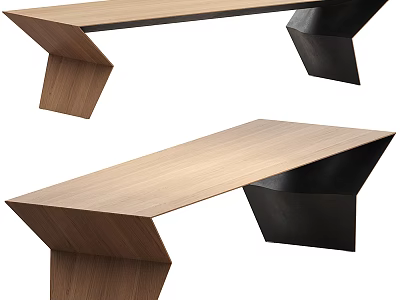 Modern Unique Desk Design With Wooden Top And Black Geometric Supports 3d model