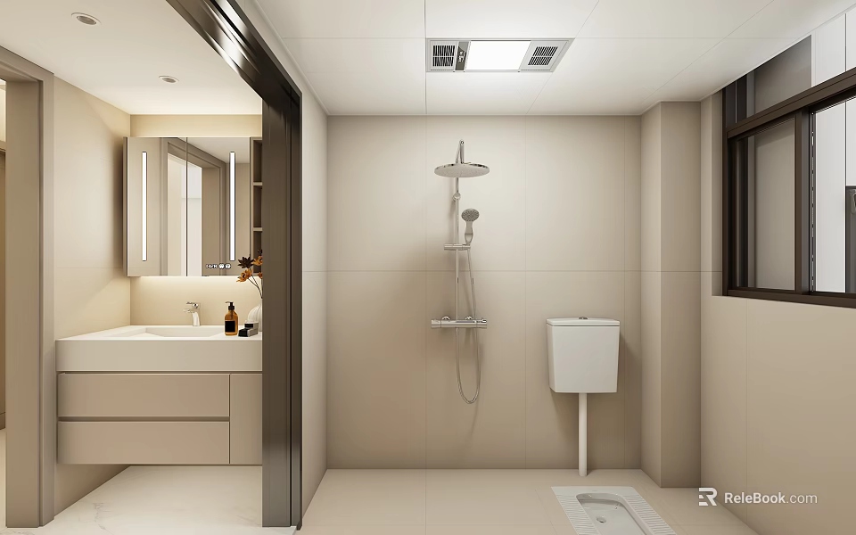Modern Bathroom Interior Design With Tiled Walls Shower Vanity Mirror And Toilet 3d model 