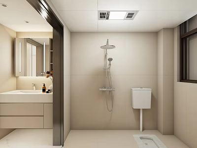 Modern Bathroom Interior Design With Tiled Walls Shower Vanity Mirror And Toilet 3d model