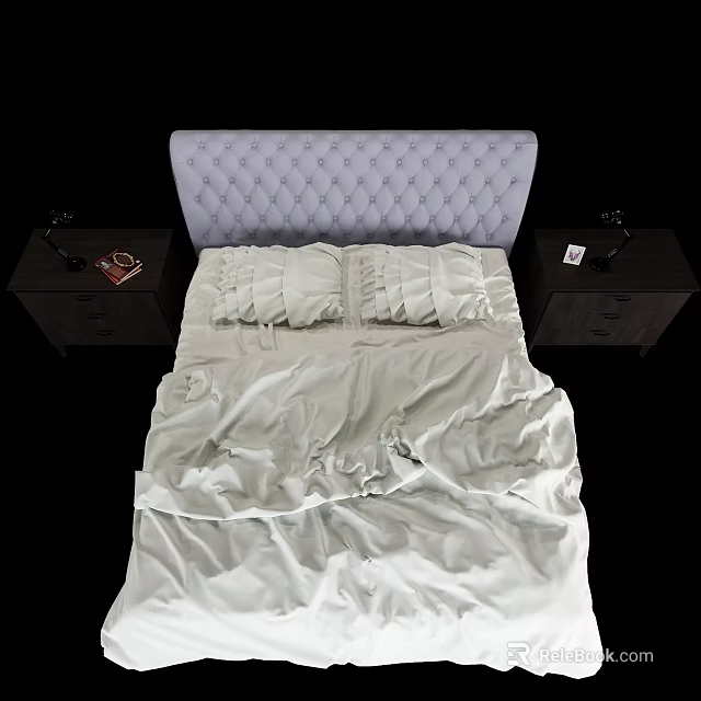 Double Bed With Tufted Gray Headboard Light Colored Sheets And Dark Nightstands With Table Lamps 3d model 