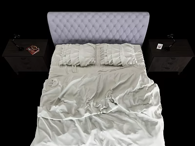 Double Bed With Tufted Gray Headboard Light Colored Sheets And Dark Nightstands With Table Lamps 3d model