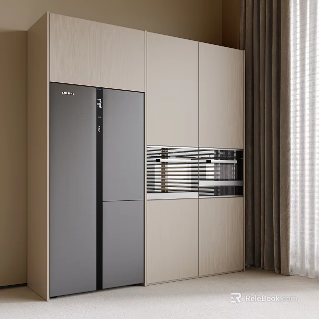 Modern Kitchen Interior With Light Colored Cabinets Gray Refrigerator And Built In Appliances 3d model