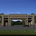 Modern Style Entrance Gate With Stone Structure Trees Parked Cars And Green Trees