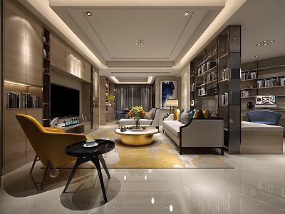 Elegant Modern Living Room With Bookshelves Yellow Accent Chair White Sofa And Round Coffee Table 3d model