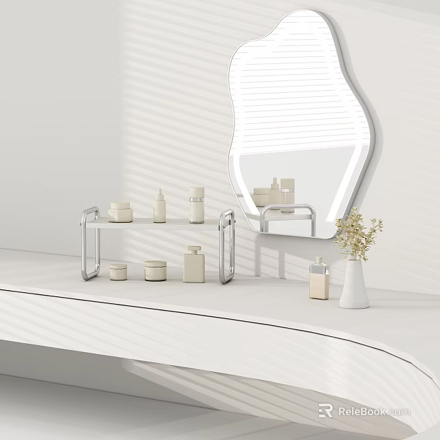 Minimalist Modern Dressing Table with Unique Mirror Shelf Holding Skincare Bottles and White Vase 3d model 