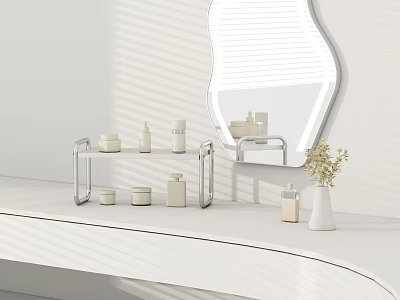 Minimalist Modern Dressing Table with Unique Mirror Shelf Holding Skincare Bottles and White Vase 3d model