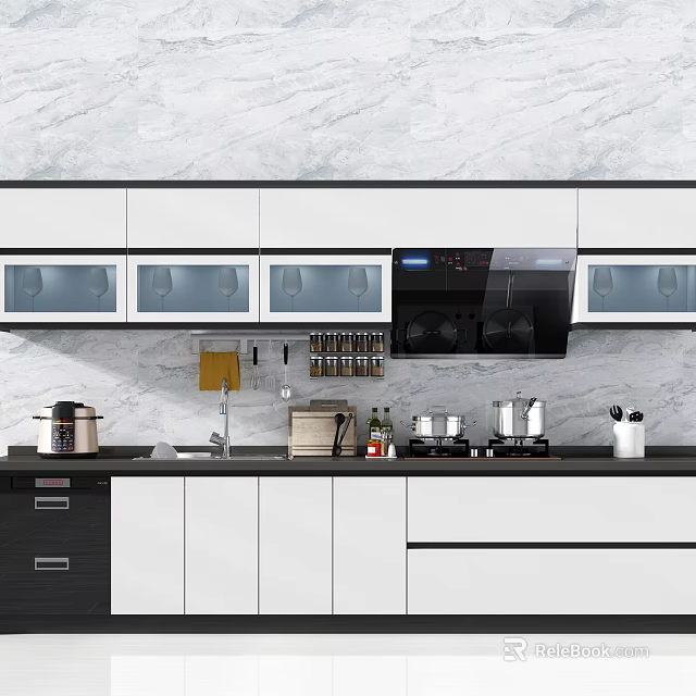 Contemporary Kitchen Design Featuring White Cabinets Marble Backsplash And Black Appliances 3d model