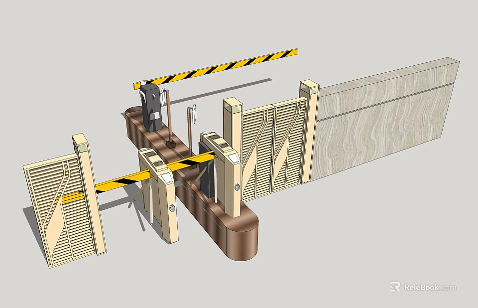 Public Facility Security Gate Barrier With Yellow Black Striped Rail And Wooden Gates 3d model 