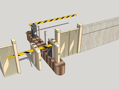 Public Facility Security Gate Barrier With Yellow Black Striped Rail And Wooden Gates 3d model