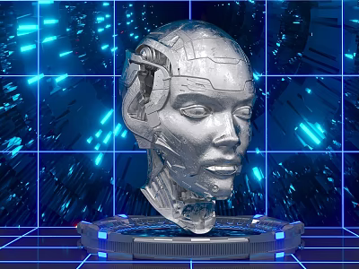 Futuristic Silver Robot Head Photo Spot with Blue Glowing Grid Background 3d model