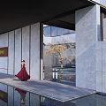 Modern Building Exterior Wall With Glass Facade Stone Material And Water Feature Landscaping