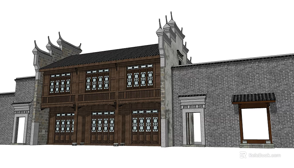 Traditional Ancient Building With Wooden Windows Brick Wall And Classic Roof Design 3d model 