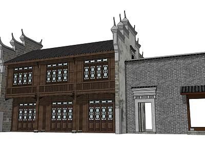 Traditional Ancient Building With Wooden Windows Brick Wall And Classic Roof Design 3d model