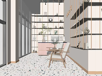 Modern Reception Desk Interior With Wooden Chair Green Plants Decorative Shelves And Pink Counter 3d model