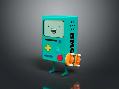 Turquoise Cartoon Style Computer Device With Smiling Face Screen Colorful Buttons BMO Text And Legs 3d model
