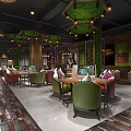 Modern Internet Cafe With Wooden Elements Green Plants Computers Comfortable Tables Chairs and Warm Lighting