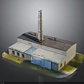 Industrial Factory Building With Tall Chimney Gray Roof And Blue Door