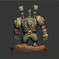 Game Character 3D Model With Green Orange Armor Mechanical Shoulders Rocky Base And Glowing Eyes