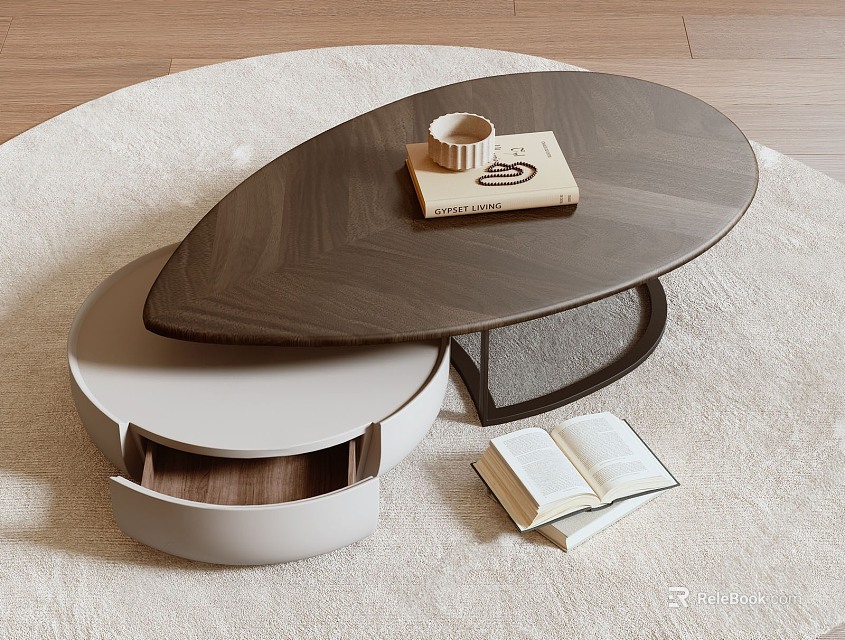 Modern Wooden Coffee Table With Drawer Open Book And Cup On Beige Rug 3d model 